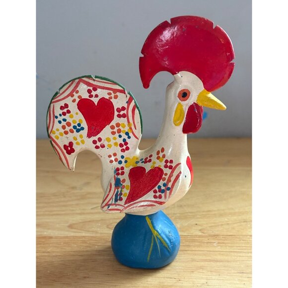 Hand-Painted Folk Art Good Luck Vintage Rooster Figurine Portugal Heart Floral - Picture 3 of 4